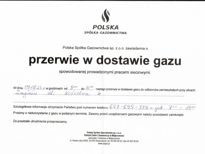 Informacja o przerwie w dostawie gazu.