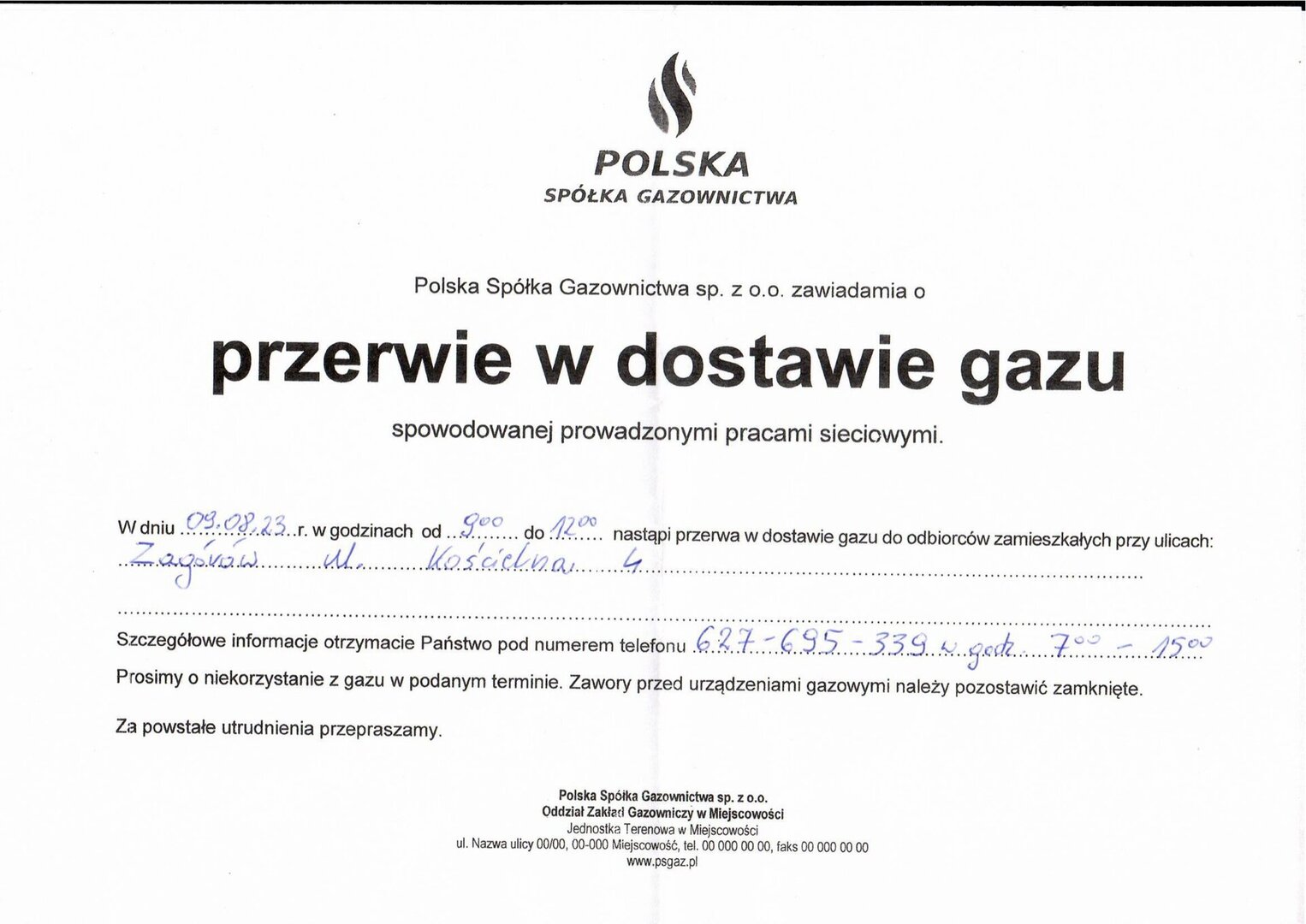 Informacja o przerwie w dostawie gazu.