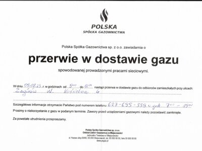 Informacja o przerwie w dostawie gazu.