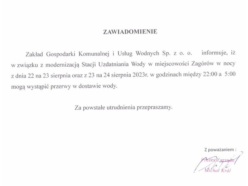 Informacja o przerwach w dostawie wody.
