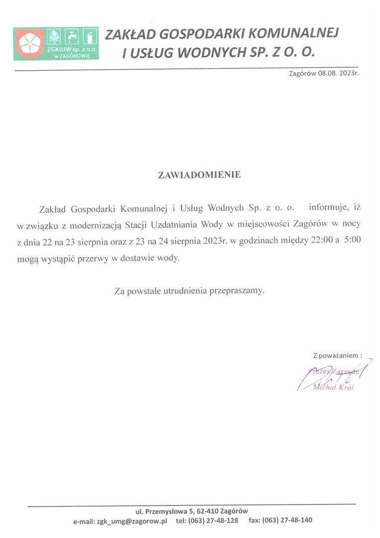 Informacja o przerwach w dostawie wody.