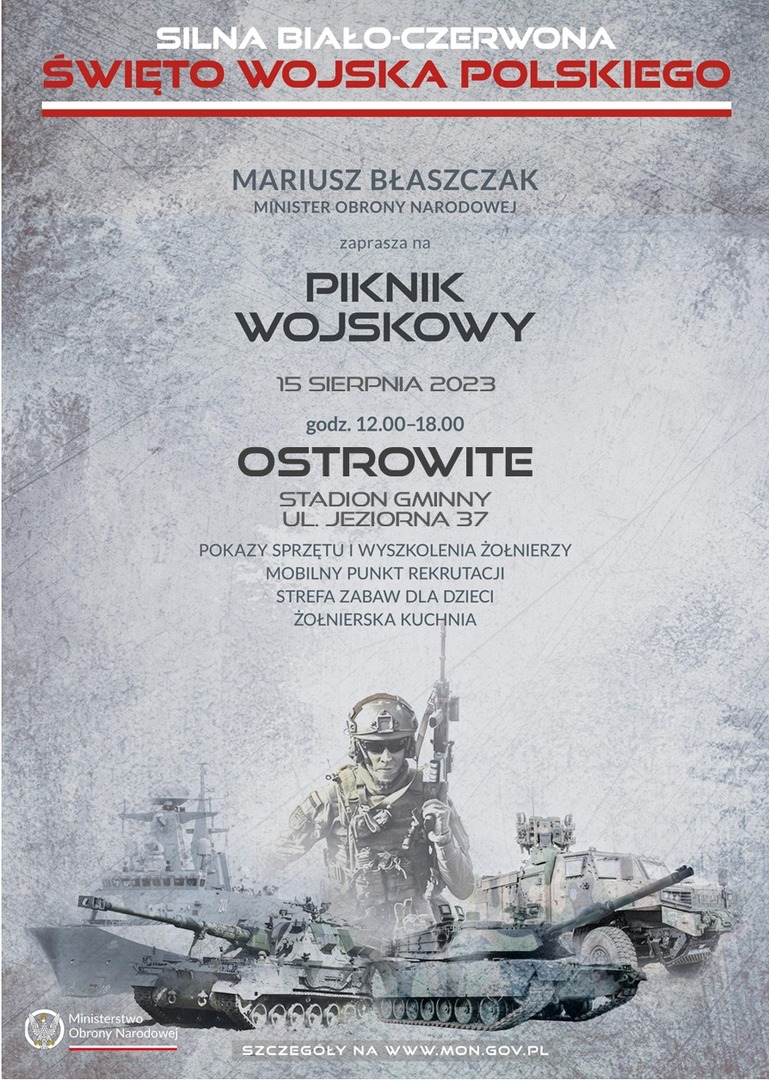 Plakat informujący o Pikniku Wojskowym w dniu 15.08.2023 r. w Ostrowite