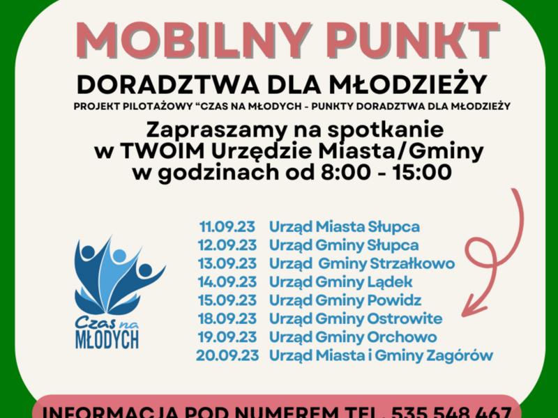 Plakat informujący o terminach spotkań w sprawie projektu pilotażowego  w danych gminach