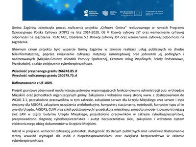Informacja o zakończeniu przez Gminę Zagórów procesu rozliczenia projektu „Cyfrowa Gmina"