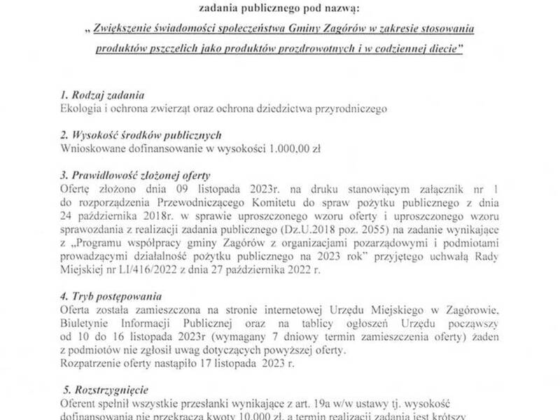 Informacja o rozstrzygnięciu przedmiotowej oferty na realizację  zadania publicznego przez Regionalny Związek Pszczelarzy Koło Pszczelarzy Zagórów