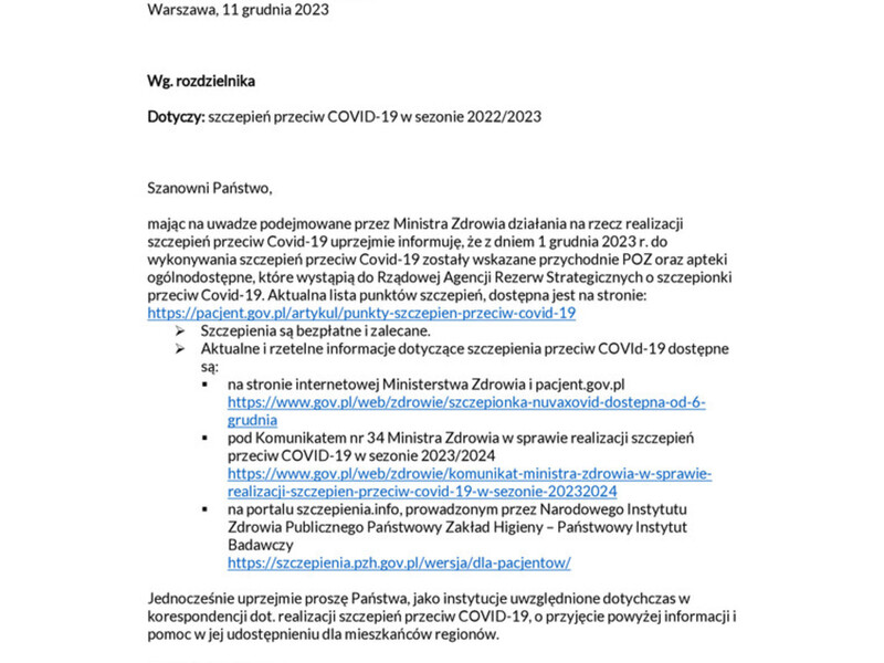 Pismo z Ministerstwa Zdrowia w sprawie aktualnych informacji przeciw COVID-19