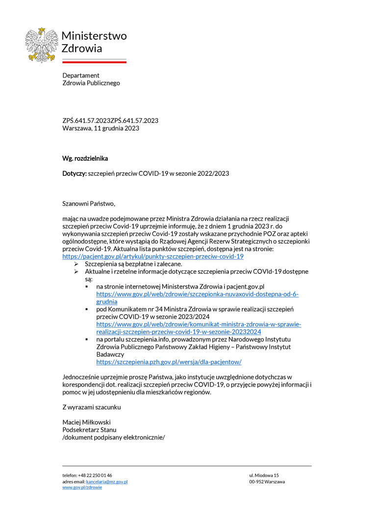 Pismo z Ministerstwa Zdrowia w sprawie aktualnych informacji przeciw COVID-19 
