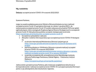 Pismo z Ministerstwa Zdrowia w sprawie aktualnych informacji przeciw COVID-19