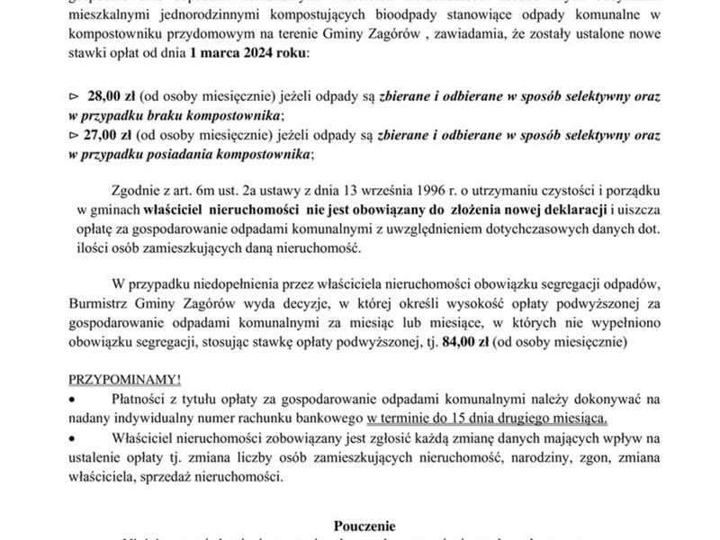 Zawiadomienie o wysokości opłaty za gospodarowanie odpadami komunalnymi