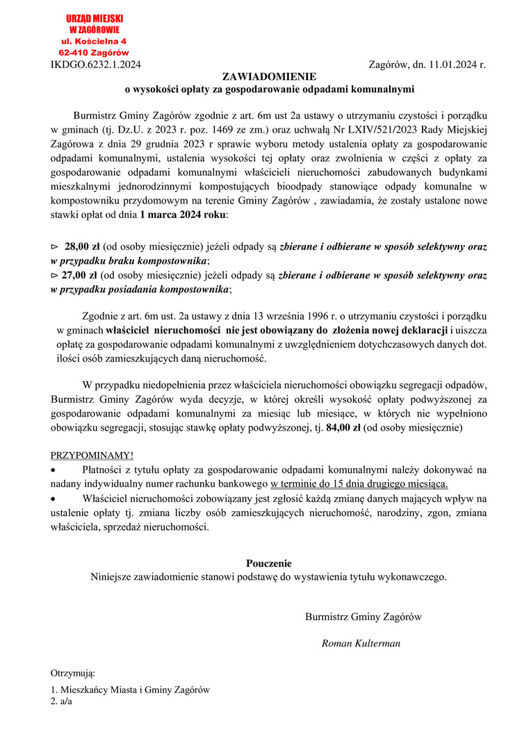 Zawiadomienie o wysokości opłaty za gospodarowanie odpadami komunalnymi
