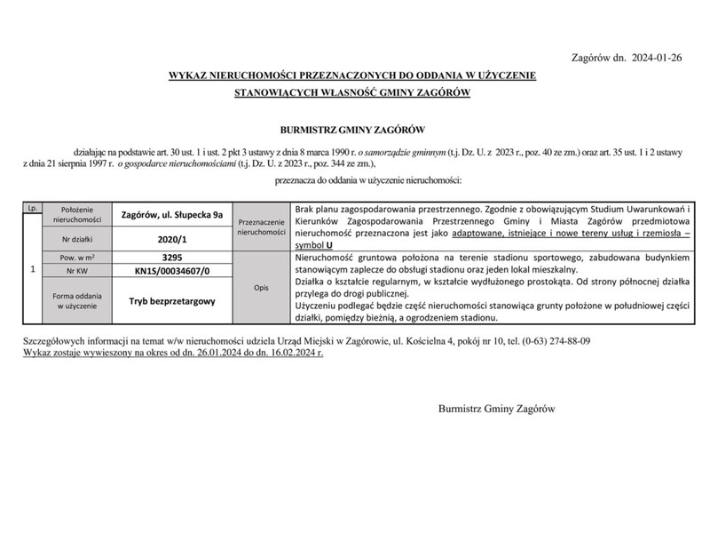 Wykaz nieruchomości przeznaczonych do oddania w użyczenie stanowiących własność Gminy Zagórów