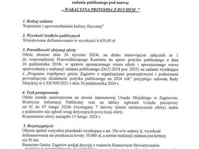 Informacja o rozstrzygnięciu oferty na realizację zadania publicznego przez Stowarzyszenie "Wspólne Podwórko" Zagórów