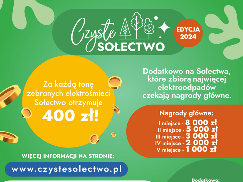 Plakat informujący o konkursie Czyste Sołectwo 2024, realizowany przez organizację odzysku ASEKOL PL we współpracy z Krajowym Stowarzyszeniem Sołtysów