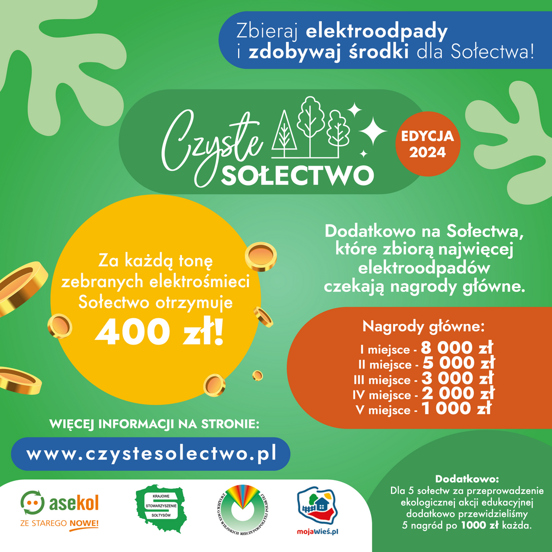 Plakat informujący o konkursie Czyste Sołectwo 2024, realizowany przez organizację odzysku ASEKOL PL we współpracy z Krajowym Stowarzyszeniem Sołtysów