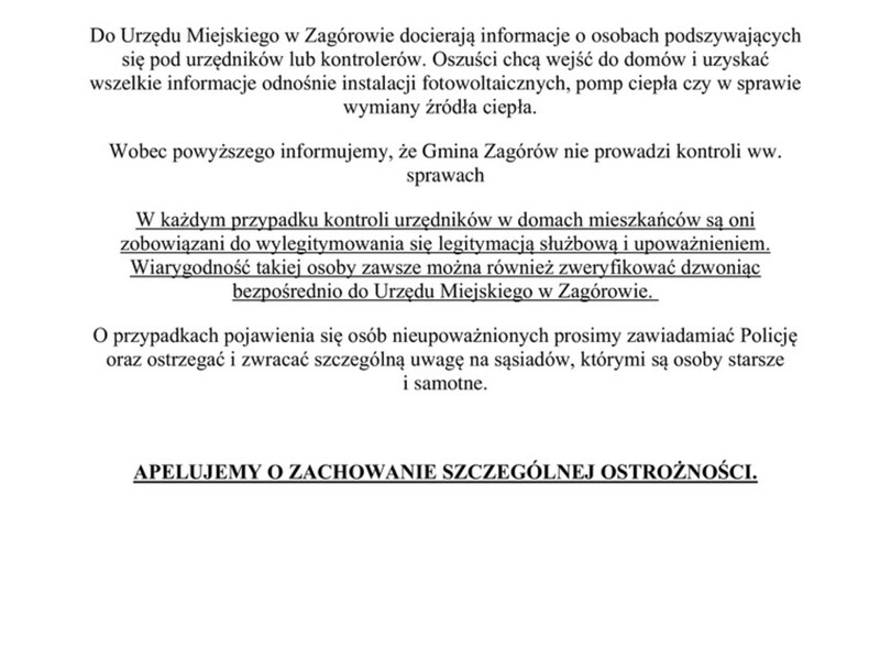 Komunikat ostrzeżenie przed oszustami