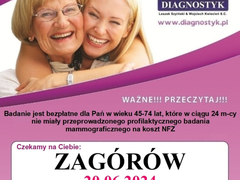 Bezpłatne badania mammograficzne (czerwiec) - ZAGÓRÓW