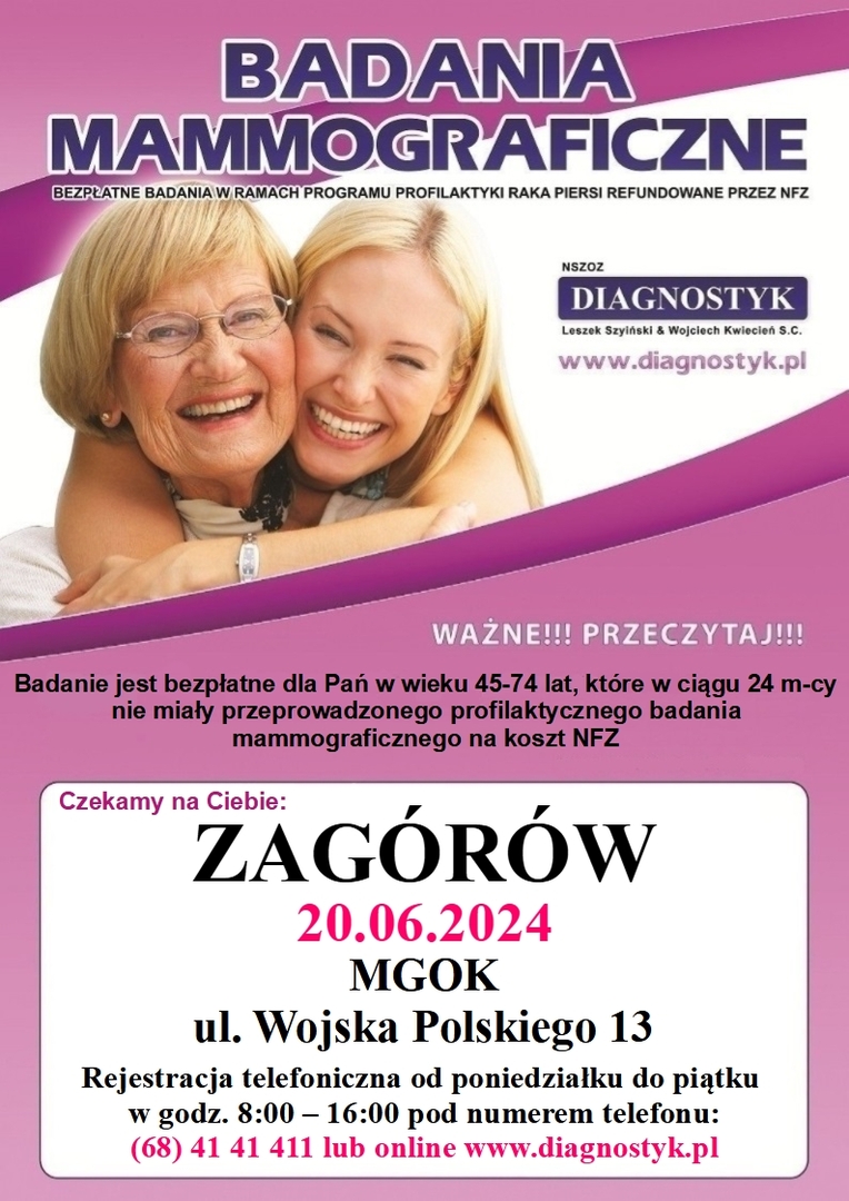 Bezpłatne badania mammograficzne (czerwiec) - ZAGÓRÓW