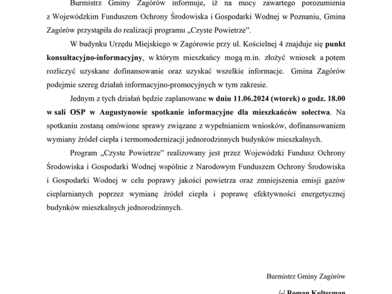 Zaproszenie na spotkanie dot. Programu "Czyste Powietrze"