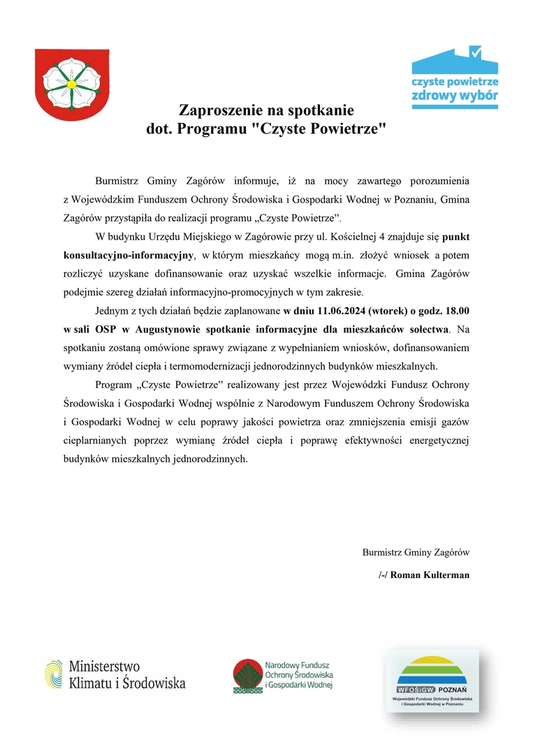 Zaproszenie na spotkanie dot. Programu "Czyste Powietrze"