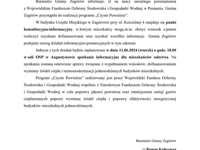 Zaproszenie na spotkanie dot. Programu "Czyste Powietrze"