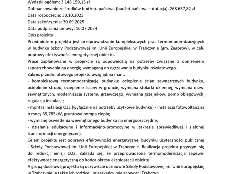 Termomodernizacja budynku Szkoły Podstawowej im. Unii Europejskiej w Trąbczynie