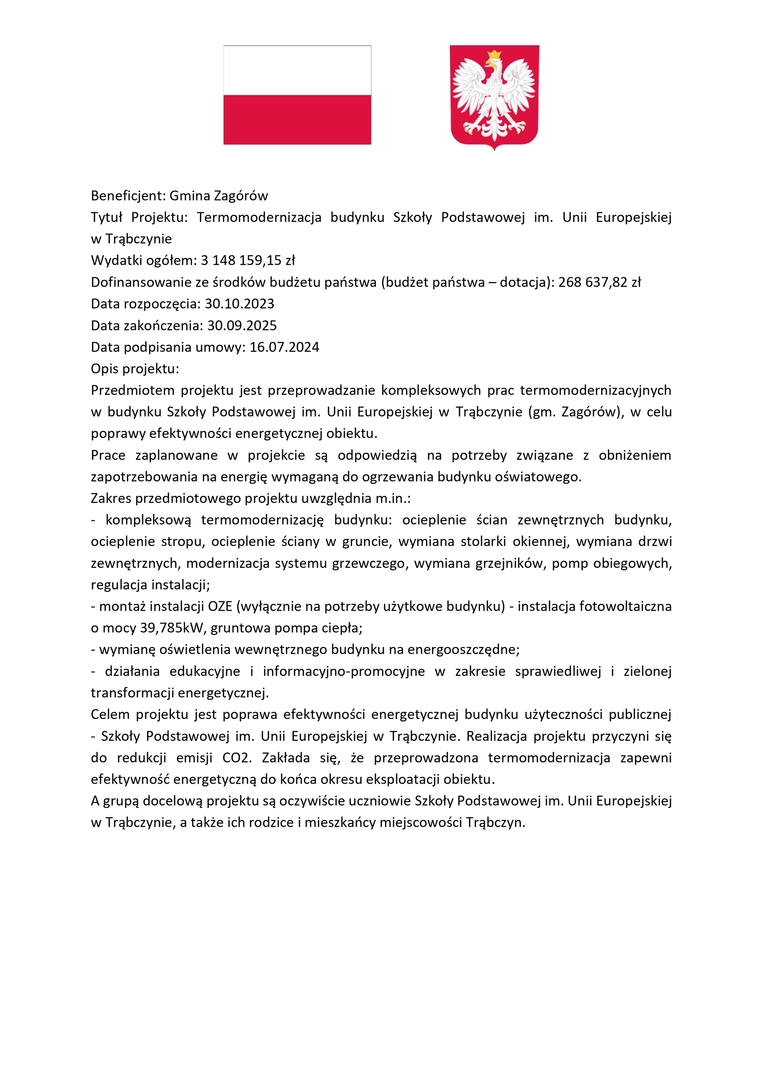 Termomodernizacja budynku Szkoły Podstawowej im. Unii Europejskiej w Trąbczynie