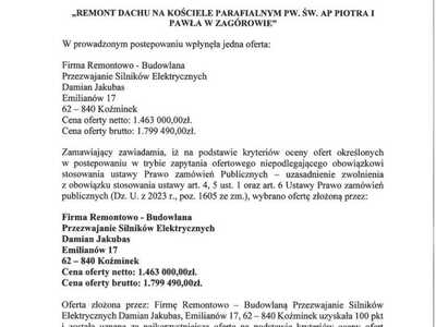 Zawiadomienie o wyborze najkorzystniejszej oferty  -  „REMONT DACHU NA KOŚCIELE PARAFIALNYM PW. ŚW. AP PIOTRA I PAWŁA W ZAGÓROWIE”.