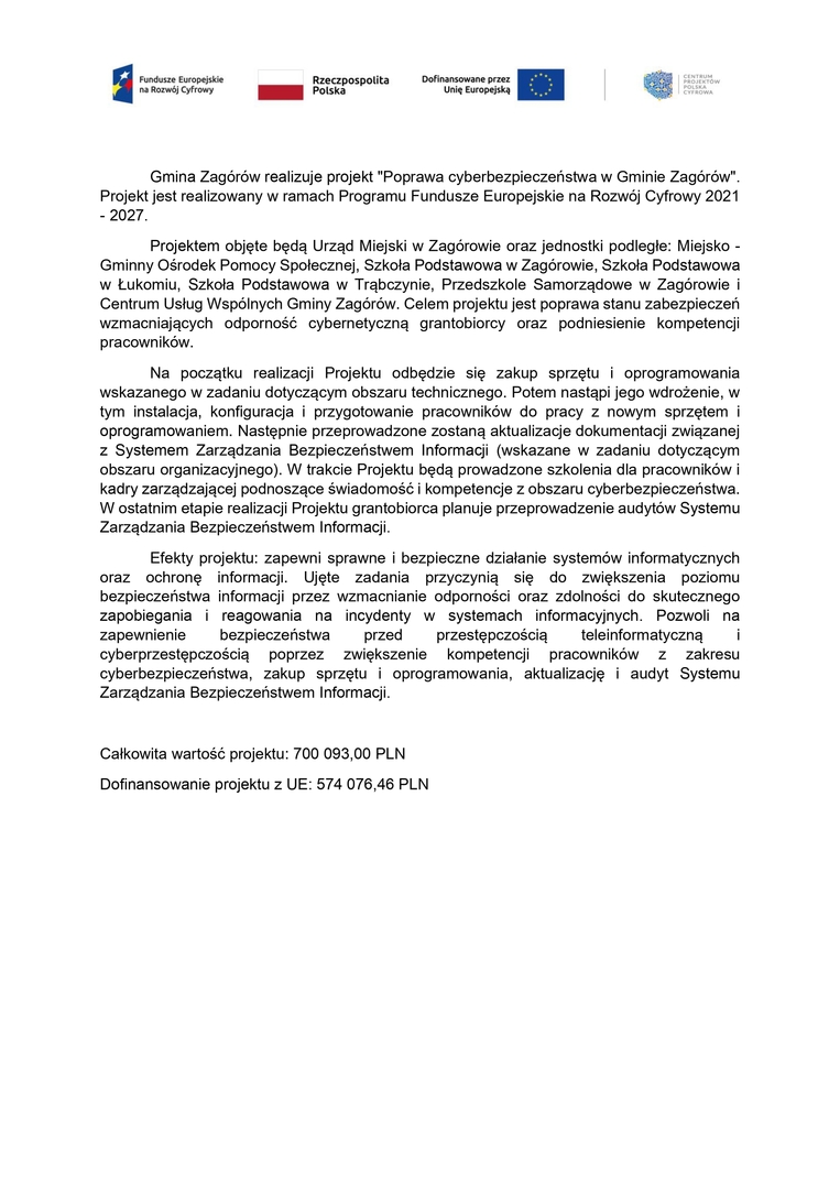 "Poprawa cyberbezpieczeństwa w Gminie Zagórów"