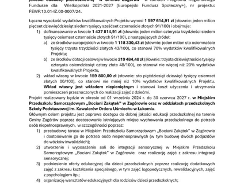 Informacja o dofinansowaniu na realizacje projektu pn. "Samodzielne przedszkolaki – podniesienie jakości edukacji przedszkolnej w Gminie Zagórów”