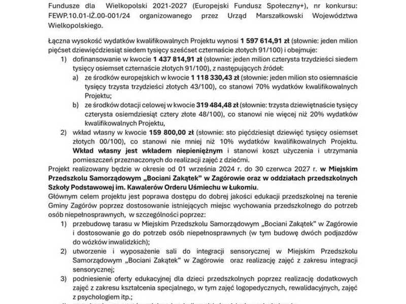 Informacja o dofinansowaniu na realizacje projektu pn. "Samodzielne przedszkolaki – podniesienie jakości edukacji przedszkolnej w Gminie Zagórów”