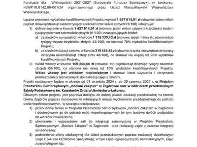 Informacja o dofinansowaniu na realizacje projektu pn. "Samodzielne przedszkolaki – podniesienie jakości edukacji przedszkolnej w Gminie Zagórów”