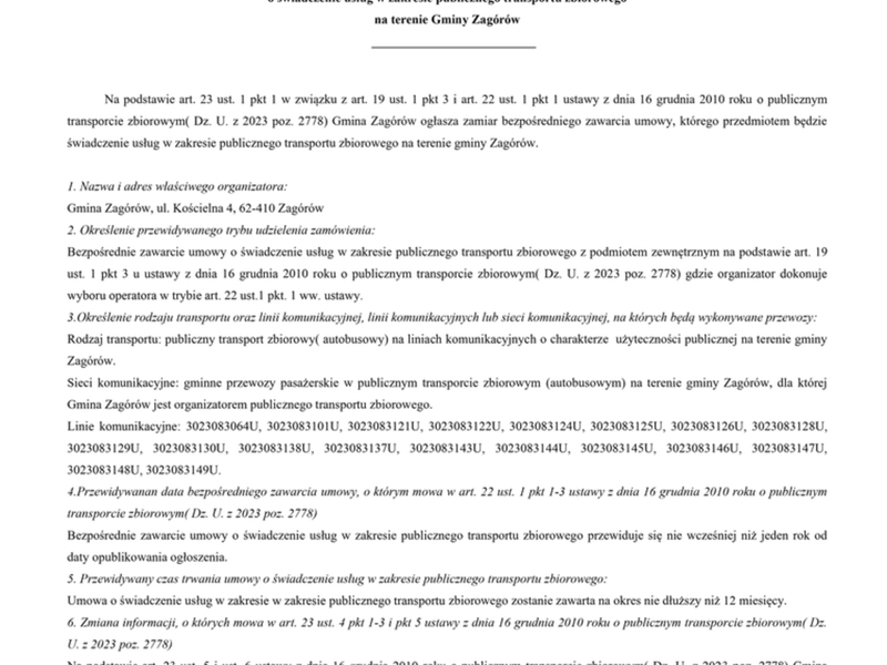 Ogłoszenie o zamiarze bezpośredniego zawarcia umowy