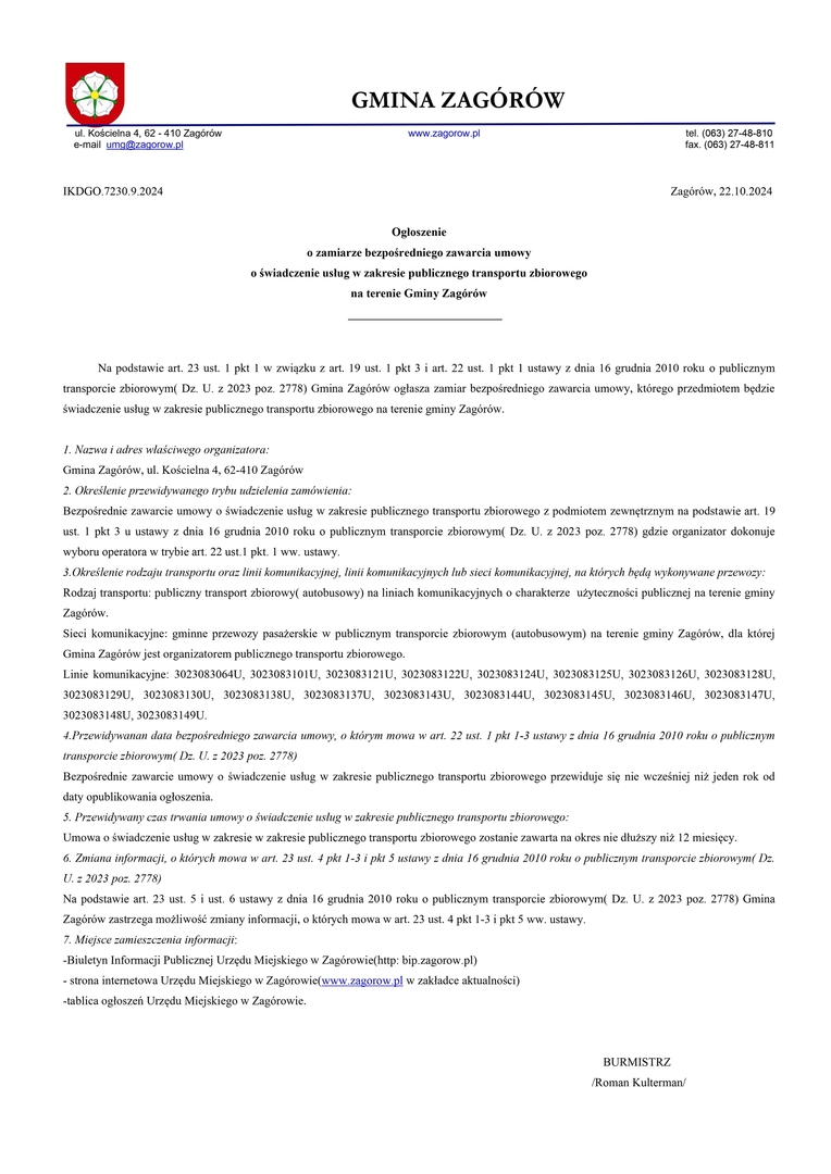 Ogłoszenie o zamiarze bezpośredniego zawarcia umowy 