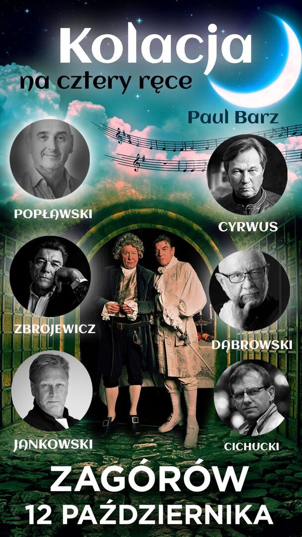 Plakat informujący o Spektakl teatralnym „Kolacja na cztery ręce”. 