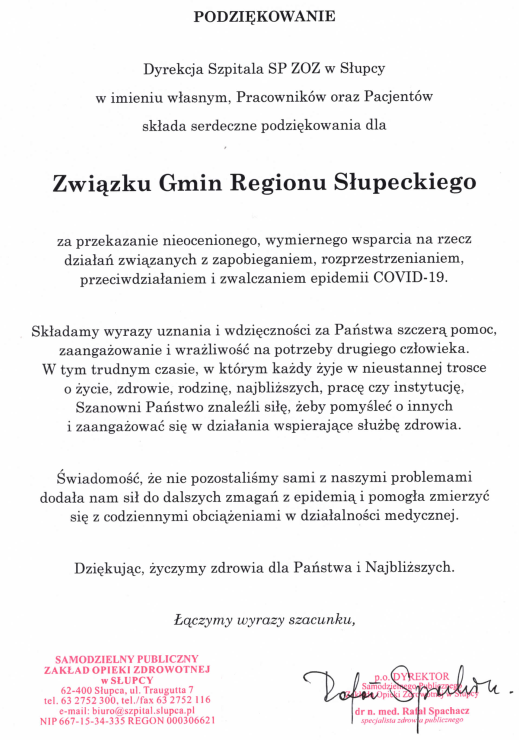 Podziękowanie ZOZ w Słupcy