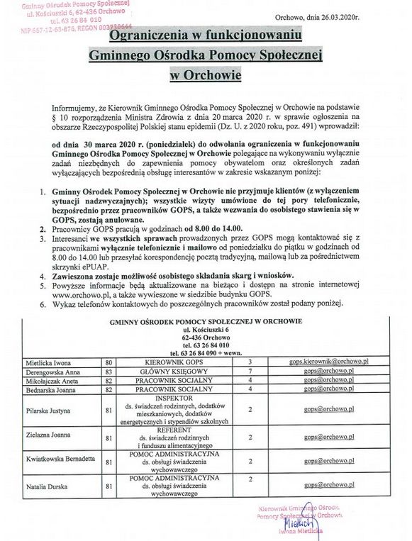Ograniczenie w funkcjonowaniu GOPS Orchowo.