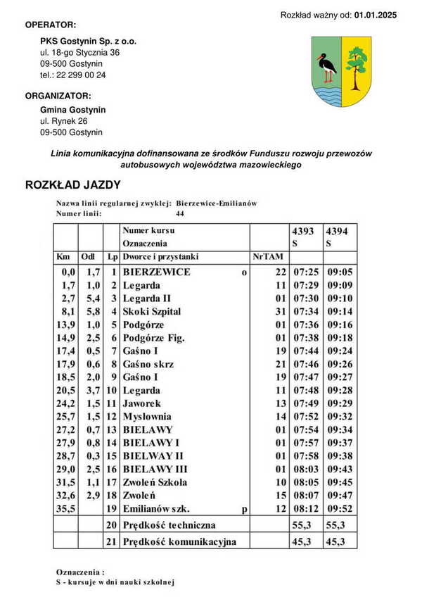 Rozkład jazdy Bierzewice - Emilianów