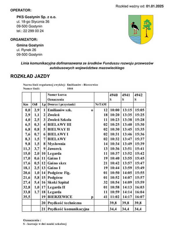 Rozkład jazdy Emilianów Szkoła - Bierzewice