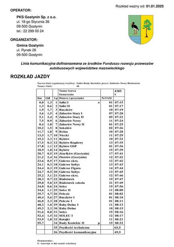 Rozkład jazdy Sałki I - Budy Kozickie