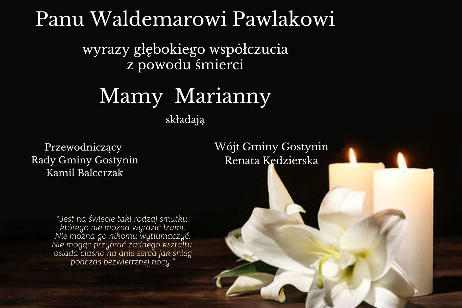 Kondolencje z powodu śmierci mamy Waldemara Pawlaka