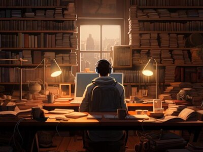 mężczyzna zastanawiający się w bibliotece
