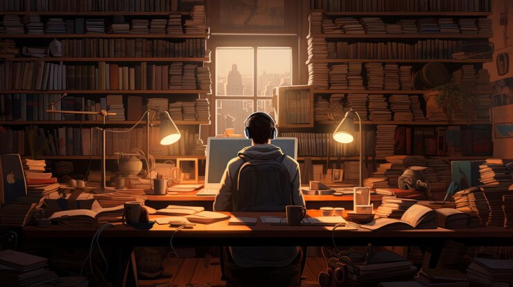 mężczyzna zastanawiający się w bibliotece