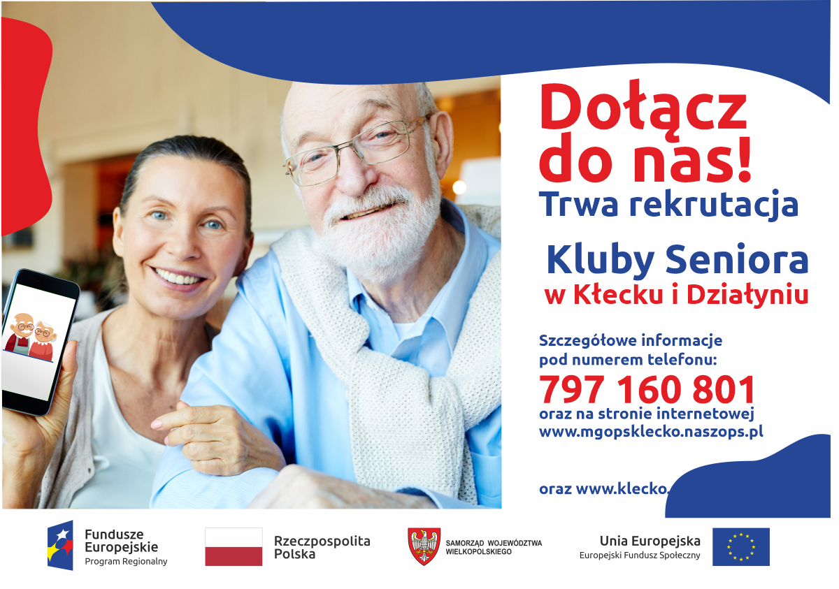 plakat informujący o działającym klubie seniora w gminie Kłecko