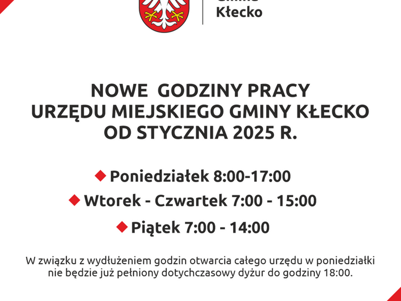 Nowe godziny pracy Urzędu Miejskiego Gminy Kłecko