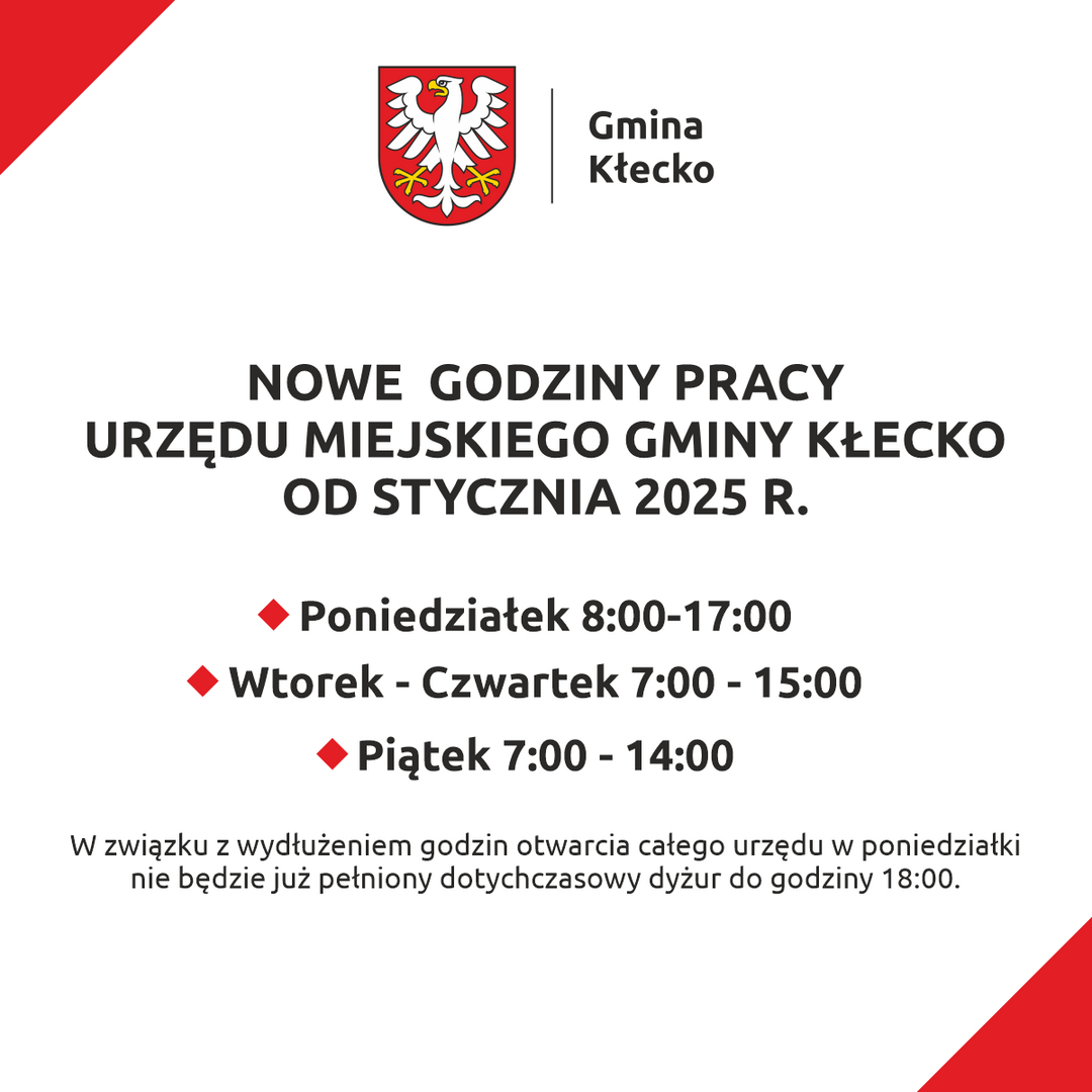 Nowe godziny pracy Urzędu Miejskiego Gminy Kłecko