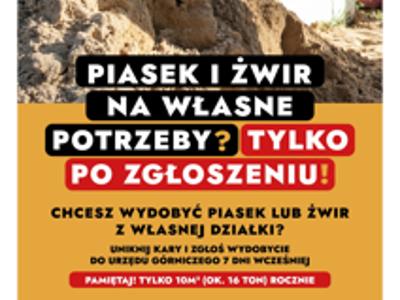 Plakat informacyjny pozyskiwaniem piasków i żwirów z własnych nieruchomości