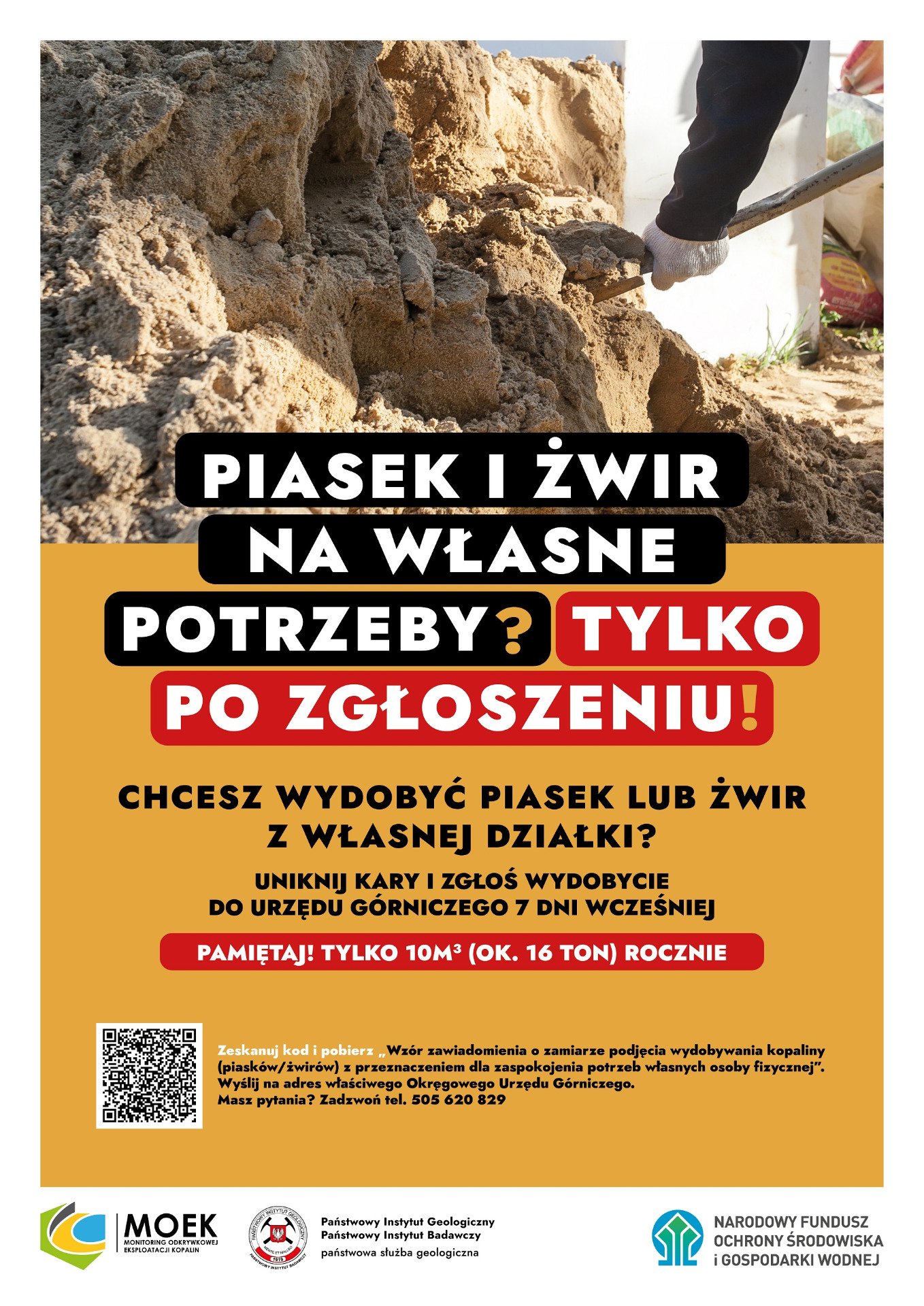 Plakat informacyjny pozyskiwaniem piasków i żwirów z własnych nieruchomości