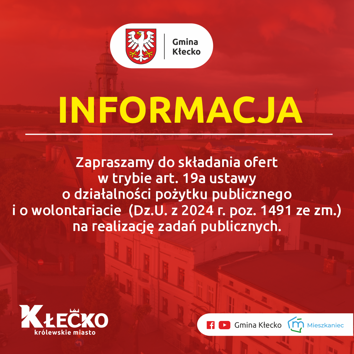 Zapraszamy do składania ofert  w trybie art. 19a ustawy  o działalności pożytku publicznego  i o wolontariacie  (Dz.U. z 2024 r. poz. 1491 ze zm.)  na realizację zadań publicznych. 