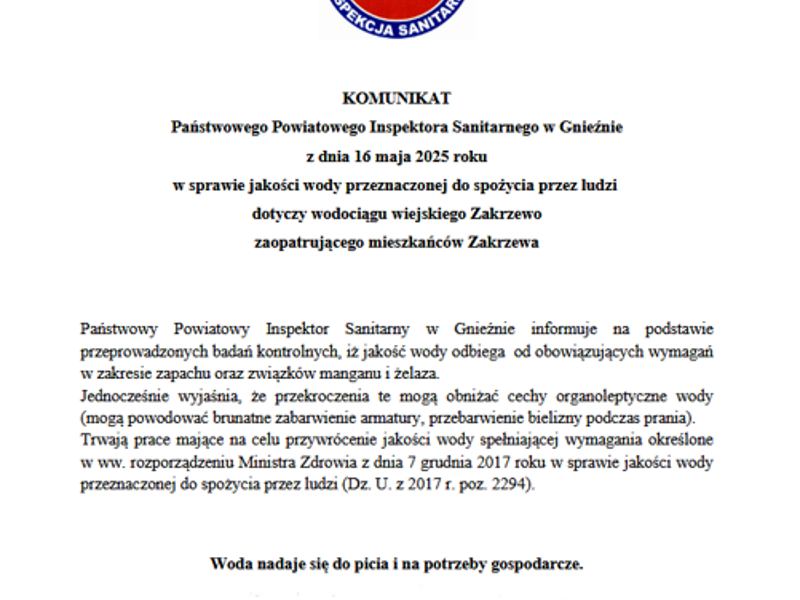 KOMUNIKAT Państwowego Powiatowego Inspektora Sanitarnego w Gnieźnie w sprawie jakości wody w Zakrzewie