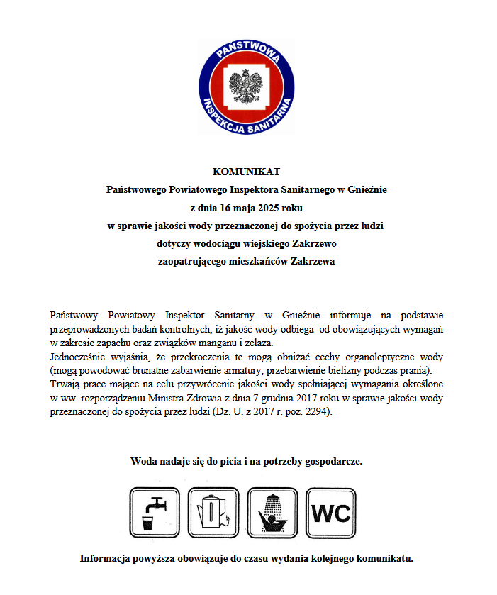KOMUNIKAT Państwowego Powiatowego Inspektora Sanitarnego w Gnieźnie w sprawie jakości wody w Zakrzewie